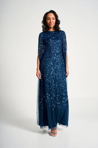 Frock & Frill Paulina Deep Teal Sequin Cape Sleeve Maxi Dress