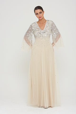 Frock & Frill Pearl Embellished Maxi Dress With Flare Sleeves