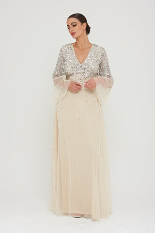 Frock & Frill Pearl Embellished Maxi Dress With Flare Sleeves