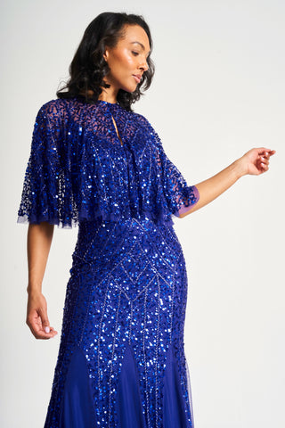 Frock & Frill Petra Electric Blue Sequin Maxi Dress With Detachable Cape
