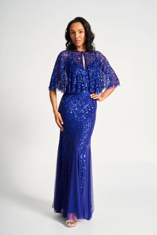 frock & frill Petra Electric Blue Sequin Maxi Dress with Detachable Cape