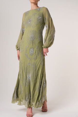 Frock & Frill Phoebe Green Floral Embellished Maxi Dress