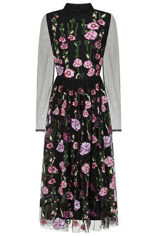 Frock & Frill Raena Black Floral Embroidered Midi Dress
