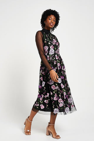 Frock & Frill Raena Black Floral Embroidered Midi Dress