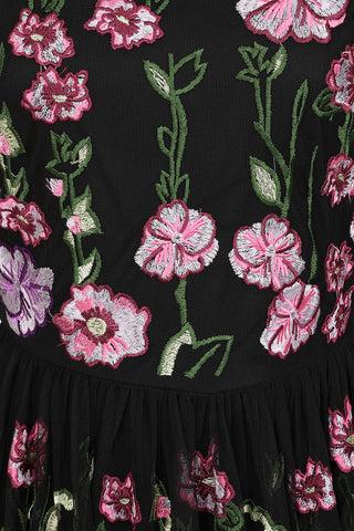 Frock & Frill Raena Black Floral Embroidered Midi Dress