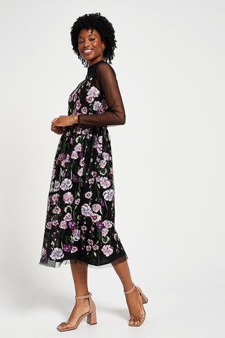 frock & frill Raena Black Floral Embroidered Midi Dress