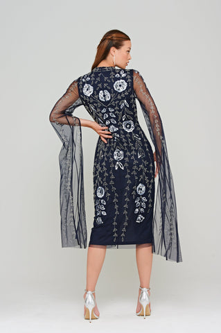 frock & frill Revna Navy Floral Embellished Midi Dress