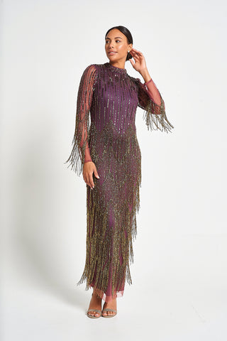 Frock & Frill Rhoda Purple Maxi Dress With Beaded Fringing