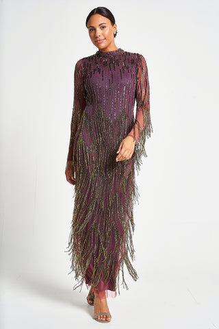 frock & frill Rhoda Purple Maxi Dress With Beaded Fringing