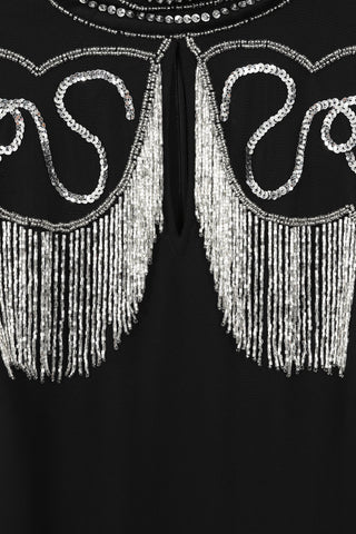 Frock & Frill Ridley Black Beaded Fringe Cape Sleeve Midi Dress