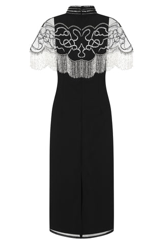 Frock & Frill Ridley Black Beaded Fringe Cape Sleeve Midi Dress