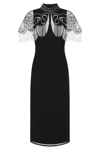 frock & frill Ridley Black Beaded Fringe Cape Sleeve Midi Dress