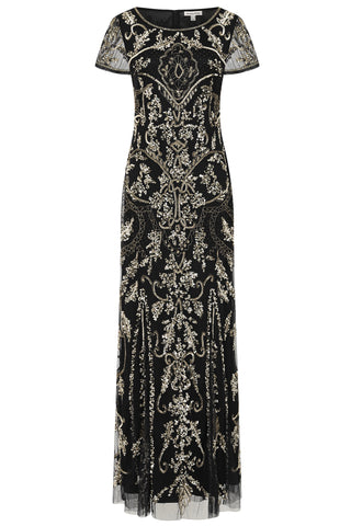 Frock & Frill Roberta Black And Gold Embellished Maxi Dress