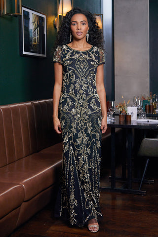 Frock & Frill Roberta Black And Gold Embellished Maxi Dress