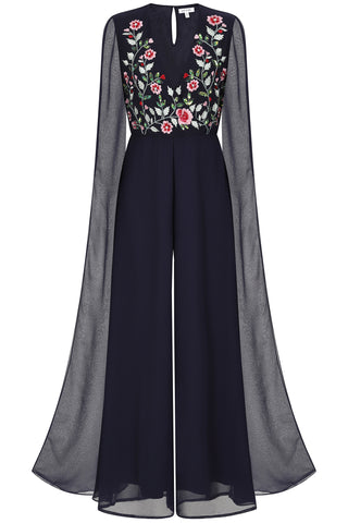 Frock & Frill Rue Navy Floral Embroidered Cape Sleeve Jumpsuit