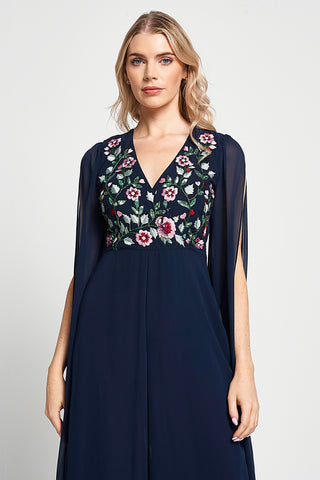 Frock & Frill Rue Navy Floral Embroidered Cape Sleeve Jumpsuit