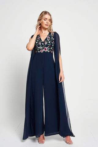 Frock & Frill Rue Navy Floral Embroidered Cape Sleeve Jumpsuit