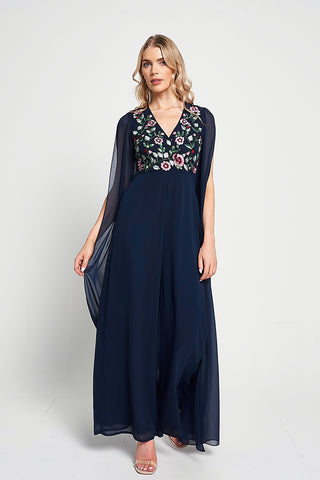 frock & frill Rue Navy Floral Embroidered Cape Sleeve Jumpsuit