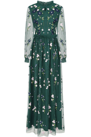 Frock & Frill Rydia Alpine Green Floral Embroidered Maxi Dress