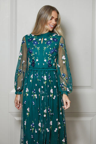 Frock & Frill Rydia Alpine Green Floral Embroidered Maxi Dress