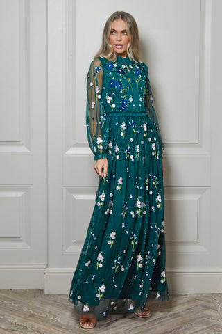frock & frill Rydia Alpine Green Floral Embroidered Maxi Dress