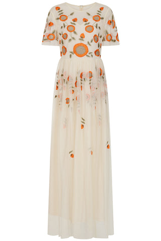 Frock & Frill Saffron Cream Floral Embroidered Maxi Dress