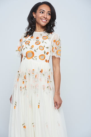 Frock & Frill Saffron Cream Floral Embroidered Maxi Dress