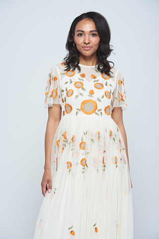 Frock & Frill Saffron Cream Floral Embroidered Maxi Dress