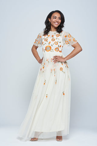 frock & frill Saffron Cream Floral Embroidered Maxi Dress