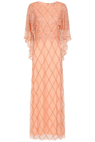 Frock & Frill Selina Peach Embellished Cape Detail Maxi Dress