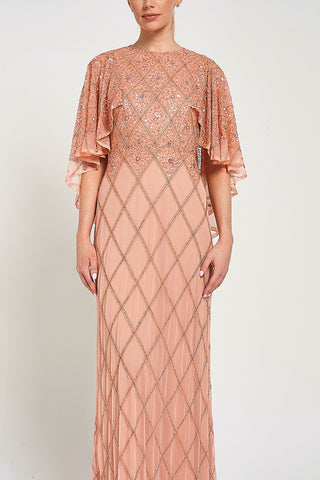 Frock & Frill Selina Peach Embellished Cape Detail Maxi Dress