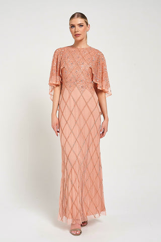 Frock & Frill Selina Peach Embellished Cape Detail Maxi Dress