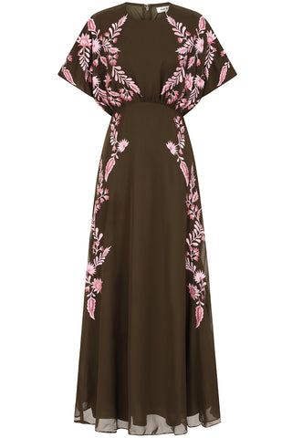 Frock & Frill Sienna Olive Floral Embroidered Maxi Dress