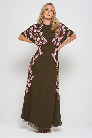 Frock & Frill Sienna Olive Floral Embroidered Maxi Dress