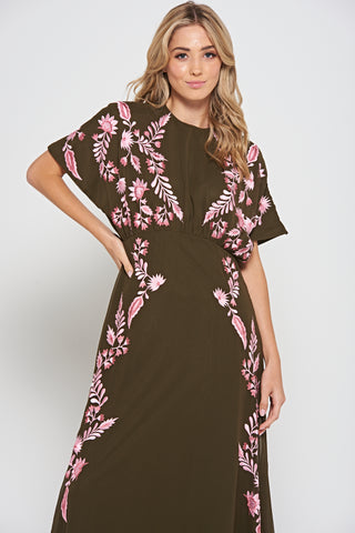 Frock & Frill Sienna Olive Floral Embroidered Maxi Dress