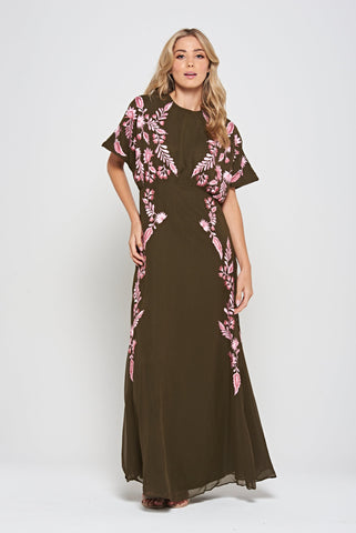 frock & frill Sienna Olive Floral Embroidered Maxi Dress