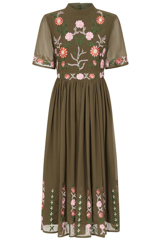 Frock & Frill Silvia Olive Floral Embroidered Midi Dress
