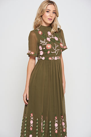 Frock & Frill Silvia Olive Floral Embroidered Midi Dress