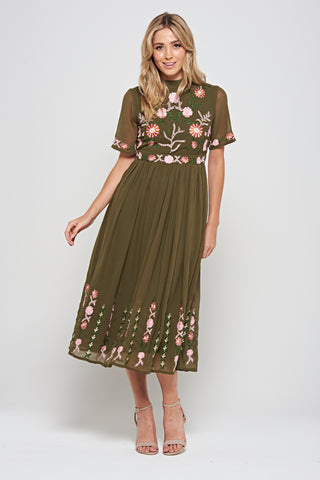 Frock & Frill Silvia Olive Floral Embroidered Midi Dress