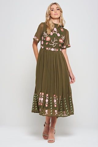 frock & frill Silvia Olive Floral Embroidered Midi Dress