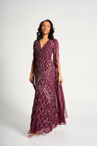 Frock & Frill Simone Tawny Port Sequin Cape Sleeve Maxi Dress