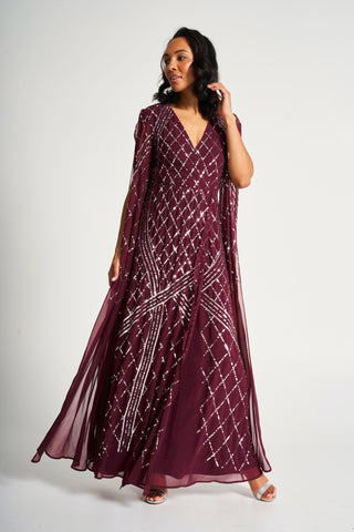 Frock & Frill Simone Tawny Port Sequin Cape Sleeve Maxi Dress