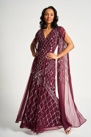 frock & frill Simone Tawny Port Sequin Cape Sleeve Maxi Dress