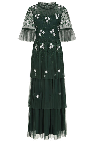 Frock & Frill Suki Green Floral Embellished Maxi Dress