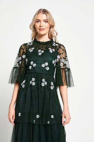 Frock & Frill Suki Green Floral Embellished Maxi Dress
