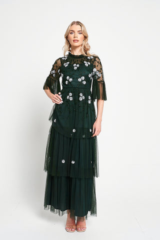 Frock & Frill Suki Green Floral Embellished Maxi Dress