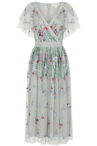 frock & frill Suzette Green Floral Embroidered Midi Dress