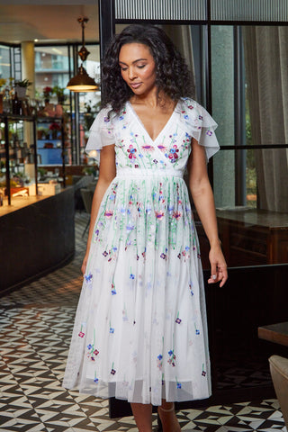 Frock & Frill Suzette White Floral Embroidered Midi Dress