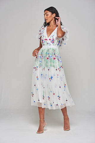 frock & frill Suzette White Floral Embroidered Midi Dress