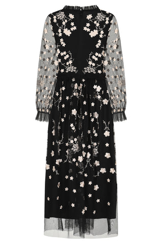 Frock & Frill Talia Black Floral Embroidered Midi Dress